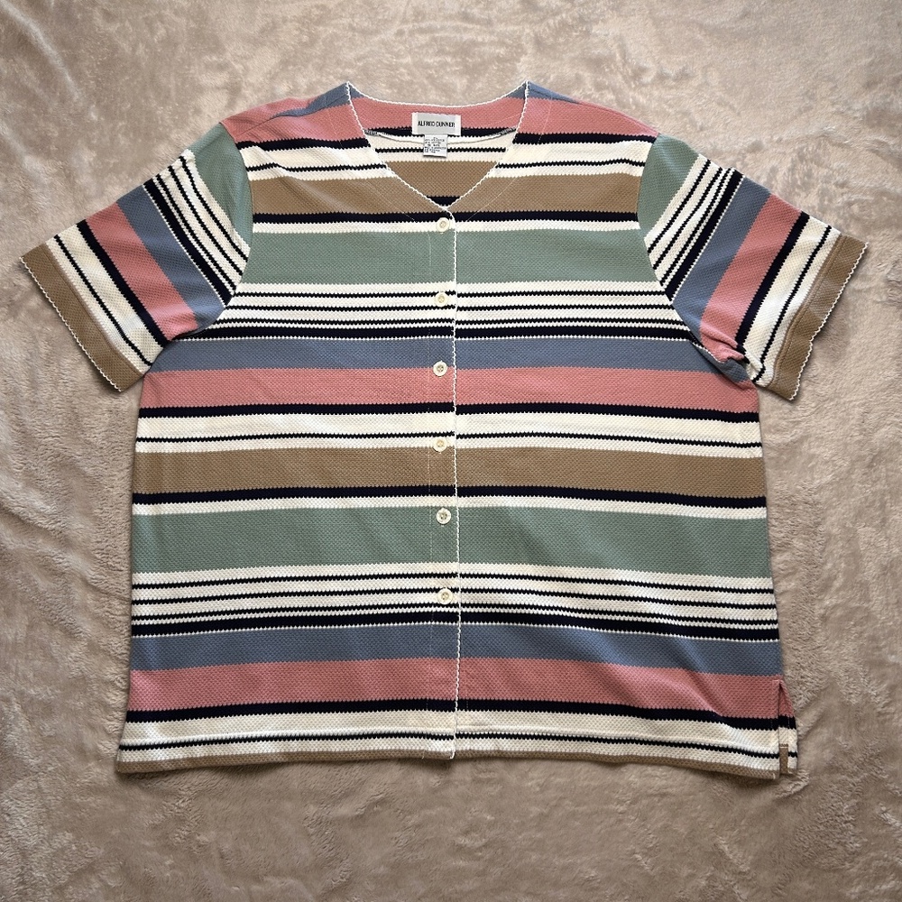 Alfred Dunner Cardigan Shirt Womens XL Striped Waffle Knit Spring Cottagecore
